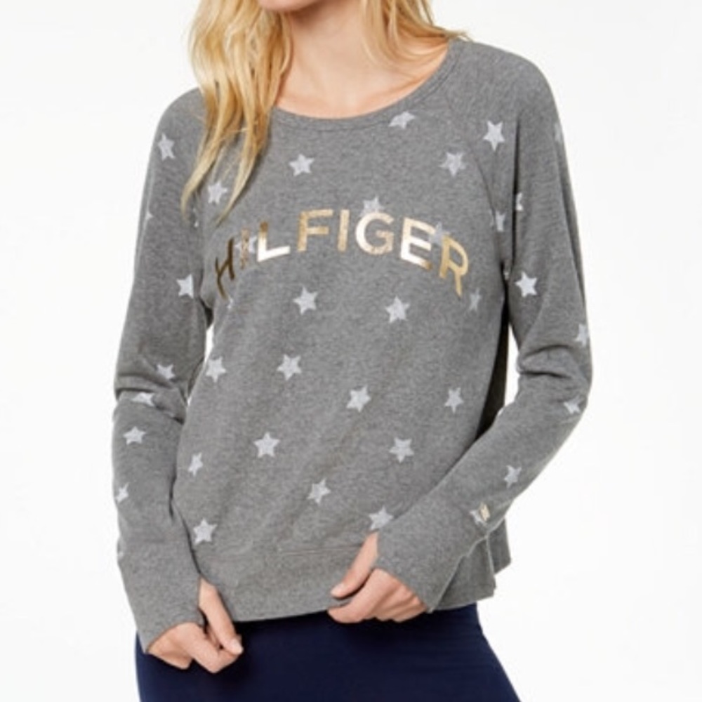 Tommy Hilfiger Logo Gray Crewneck Pullover Sweatshirt w Star Design Size Large